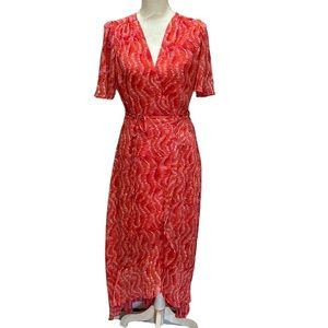 Veronica M Riffled Wrap Dress Linda Dress Midi V Neck Wrap Tie Waist NWT
